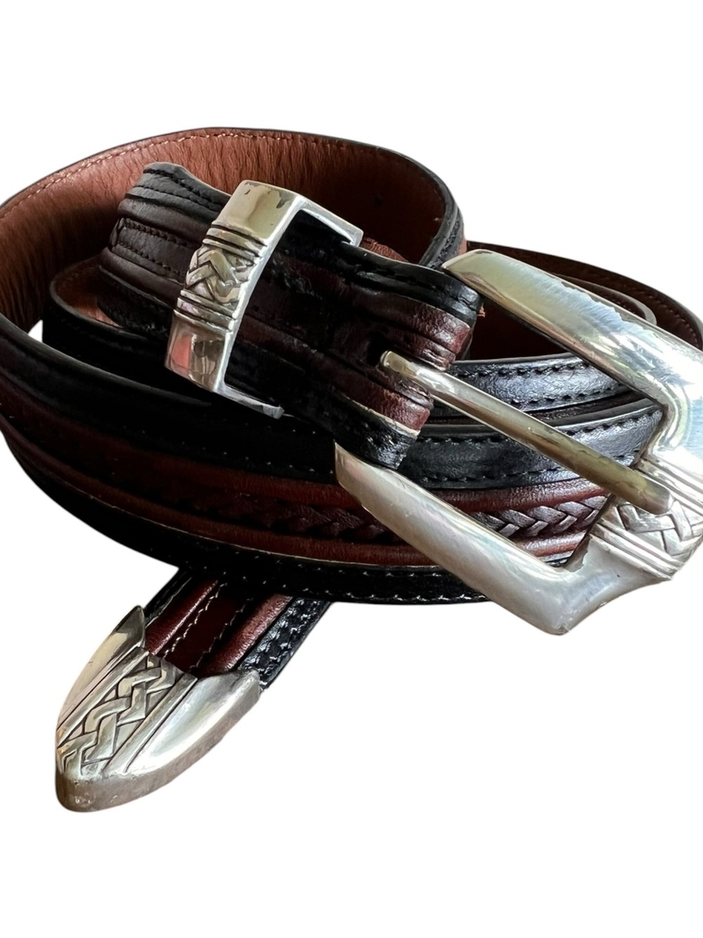 VTG ONYX by Brighton‎ Two Tone Leather Belt Men 42 Silver Buckle Western Rodeo